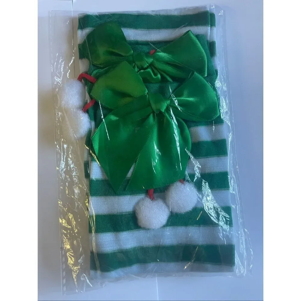 Christmas Green Striped Over-the-Knee Socks(Tights) With Bow & Pom Poms